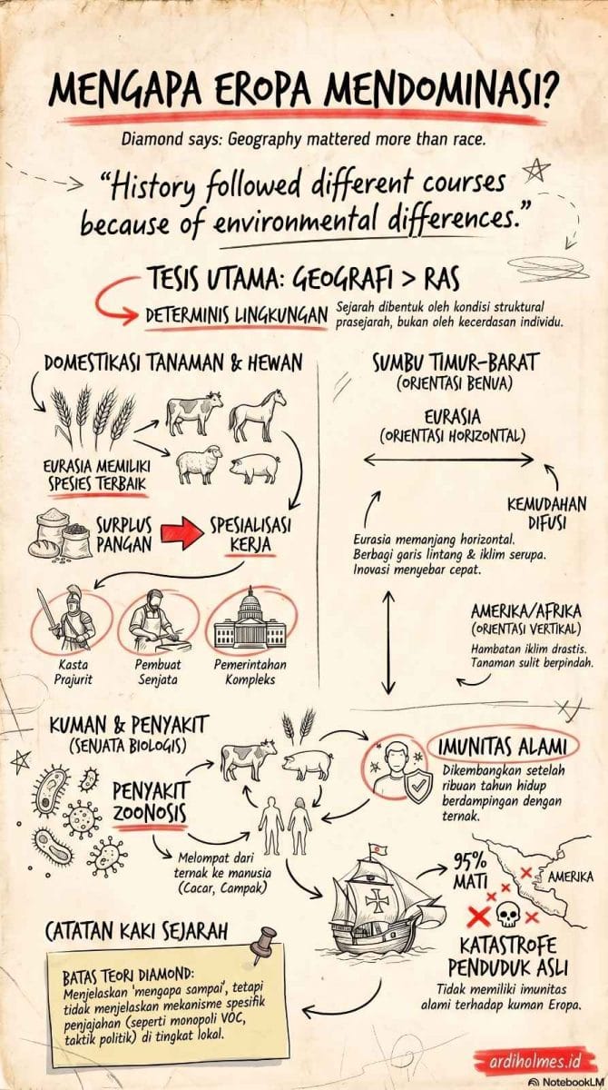 Infografik bergaya catatan tangan di atas kertas tua dengan judul besar “Mengapa Eropa Mendominasi?” di bagian atas. Di bawah judul terdapat kutipan Jared Diamond tentang perbedaan lingkungan yang membentuk jalur sejarah manusia. Bagian tengah menjelaskan tesis utama bahwa geografi lebih menentukan daripada ras, dengan penekanan pada “determinasi lingkungan.” Visual dibagi menjadi tiga bagian utama: domestikasi tanaman dan hewan di Eurasia yang menghasilkan surplus pangan dan spesialisasi kerja; orientasi timur-barat Eurasia yang mempermudah penyebaran inovasi; serta kuman dan penyakit zoonosis yang menciptakan imunitas alami dan menyebabkan kehancuran populasi penduduk asli Amerika. Elemen visual terdiri dari gambar gandum, sapi, kuda, domba, bakteri, kapal, peta Amerika, panah, dan lingkaran merah. Di bagian bawah terdapat catatan kritis tentang batas teori Diamond dalam menjelaskan kolonialisme.
