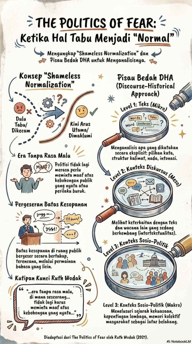 Infografis bagian pertama untuk Review Buku The Politics of Fear yang menjelaskan konsep Shameless Normalization (normalisasi tanpa rasa malu) oleh elit politik dan tiga level analisis wacana menggunakan Discourse-Historical Approach (DHA).