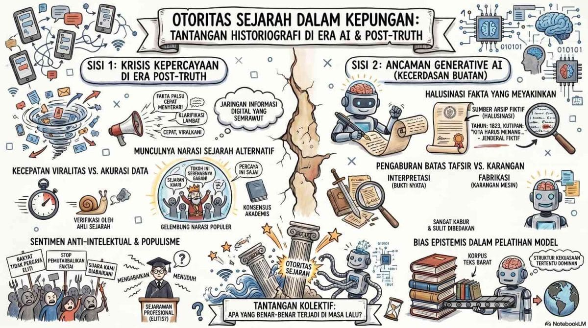 Infografis berjudul Otoritas Sejarah Dalam Kepungan: Tantangan Historiografi di Era AI & Post-Truth. Menggambarkan dua tantangan utama: krisis kepercayaan di era post-truth berupa sentimen populis dan narasi alternatif, serta ancaman Generative AI yang berpotensi menghasilkan halusinasi fakta, pengaburan batas tafsir, dan bias epistemis dari korpus teks Barat.