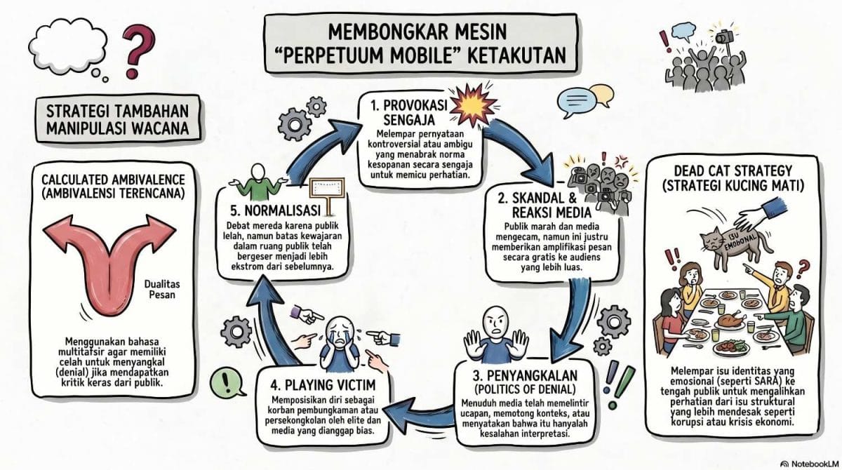 Infografis mesin perpetuum mobile ketakutan dalam Review Buku The Politics of Fear, menampilkan siklus lima tahap dari provokasi hingga normalisasi, beserta strategi manipulasi wacana seperti ambivalensi terencana dan dead cat strategy.