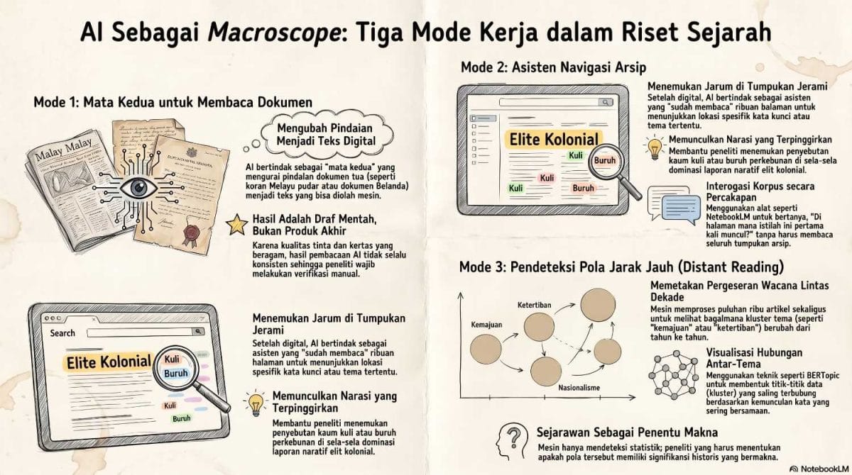 Infografis alur tiga mode kerja kecerdasan buatan dalam riset sejarah: Mode 1 sebagai mata kedua untuk konversi OCR dokumen tua menjadi draf digital, Mode 2 sebagai asisten navigasi pencari kata kunci pada korpus, dan Mode 3 sebagai alat distant reading untuk mendeteksi pergeseran wacana lintas dekade menggunakan pemodelan topik.