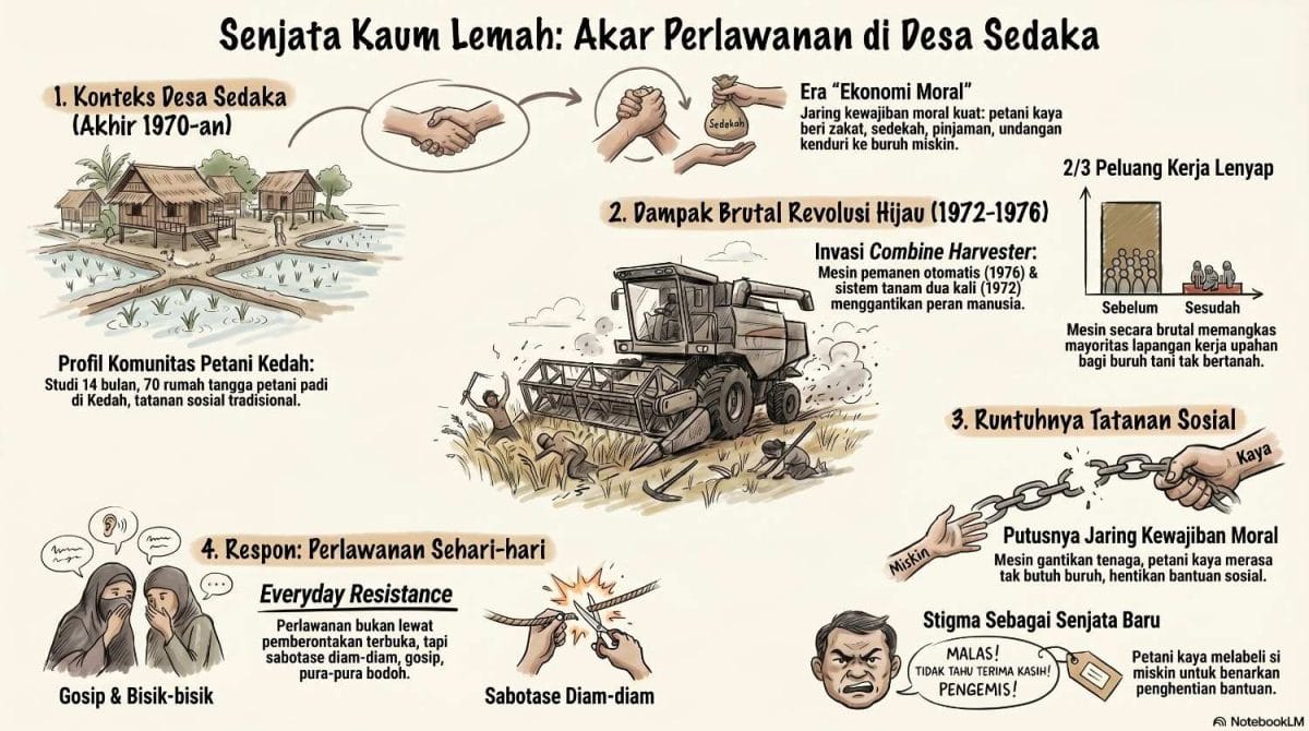 Infografis ini memetakan latar belakang etnografi perlawanan petani Desa Sedaka berdasarkan review buku James C. Scott oleh ardiholmes.id yang menampilkan 4 poin utama: konteks komunitas Kedah tahun 1970-an, dampak mekanisasi combine harvester yang melenyapkan dua pertiga peluang kerja, runtuhnya ekonomi moral tatanan sosial, dan respon perlawanan sehari-hari seperti gosip serta sabotase diam-diam akibat stigma negatif petani kaya.