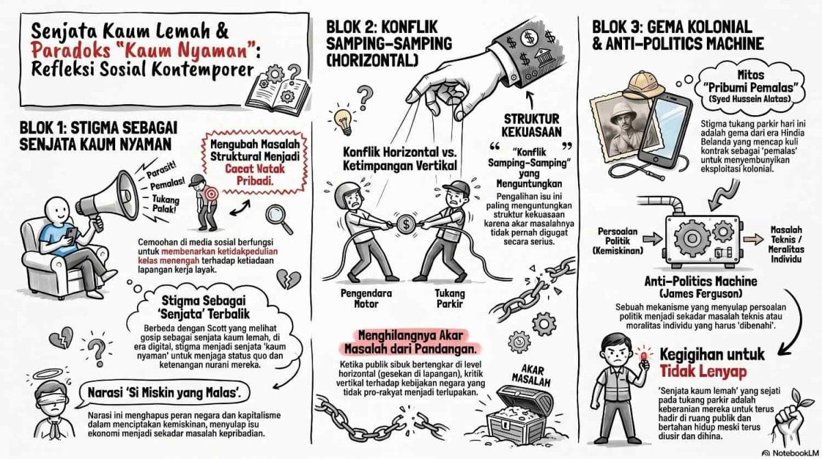 Infografis analisis sosiologis kontemporer mengenai paradoks kaum nyaman dan stigma tukang parkir liar oleh ardiholmes.id yang membedah 3 blok: stigma sebagai senjata terbalik kelas menengah, konflik horizontal samping-samping antara pengendara motor versus tukang parkir, serta gema kolonial mitos pribumi pemalas dan mekanisme anti-politics machine.