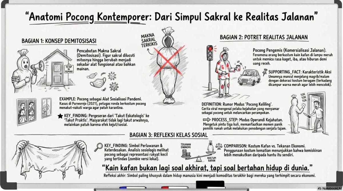 Infografis analisis sosiologis anatomi pocong kontemporer oleh ardiholmes.id yang membedah tiga bagian: konsep demitosisasi hantu saat pandemi, potret realitas jalanan berupa pocong pengemis dan rumor modus perampokan, serta refleksi kelas sosial keterdesakan ekonomi masyarakat pinggiran.