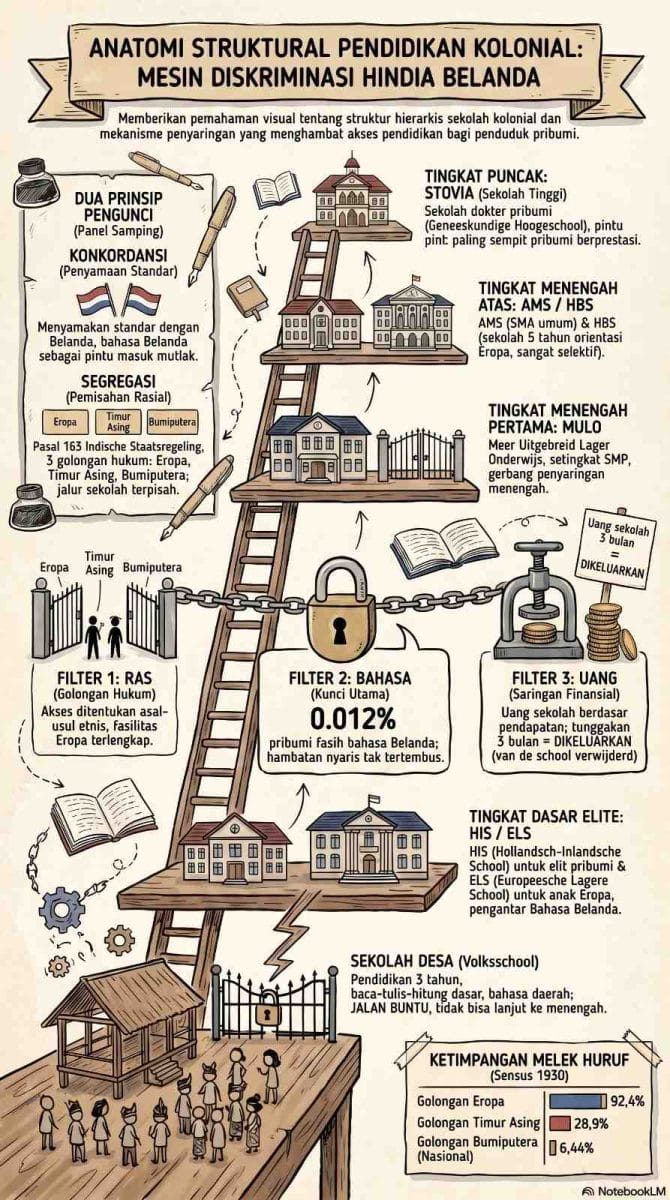 Infografis anatomi struktural pendidikan kolonial Hindia Belanda dalam bentuk tangga hierarki sekolah dari Sekolah Desa hingga STOVIA, memuat tiga filter penyaringan ras, bahasa, dan uang serta data Sensus 1930 publikasi ardiholmes.id.