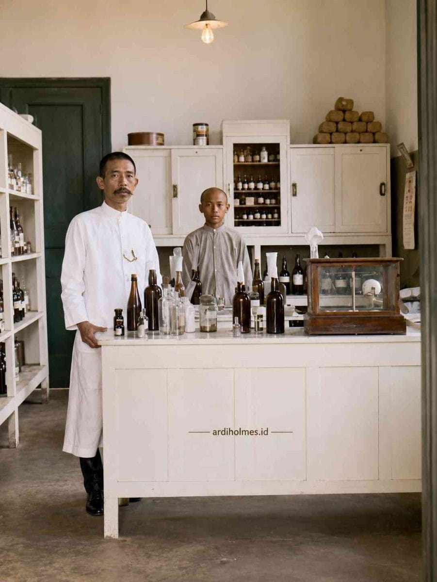 Foto arsip sejarah diwarnai menunjukkan interior laboratorium farmasi atau apotek era Hindia Belanda. Dua praktisi medis pribumi mengenakan mantel putih dan abu-abu berdiri tegap di belakang meja putih yang dipenuhi deretan botol kaca makmal, toples obat, dan sebuah timbangan analitik berbingkai kayu. Latar belakang menampilkan lemari obat berisi ratusan botol kecil racikan kimia barat (ardiholmes.id).