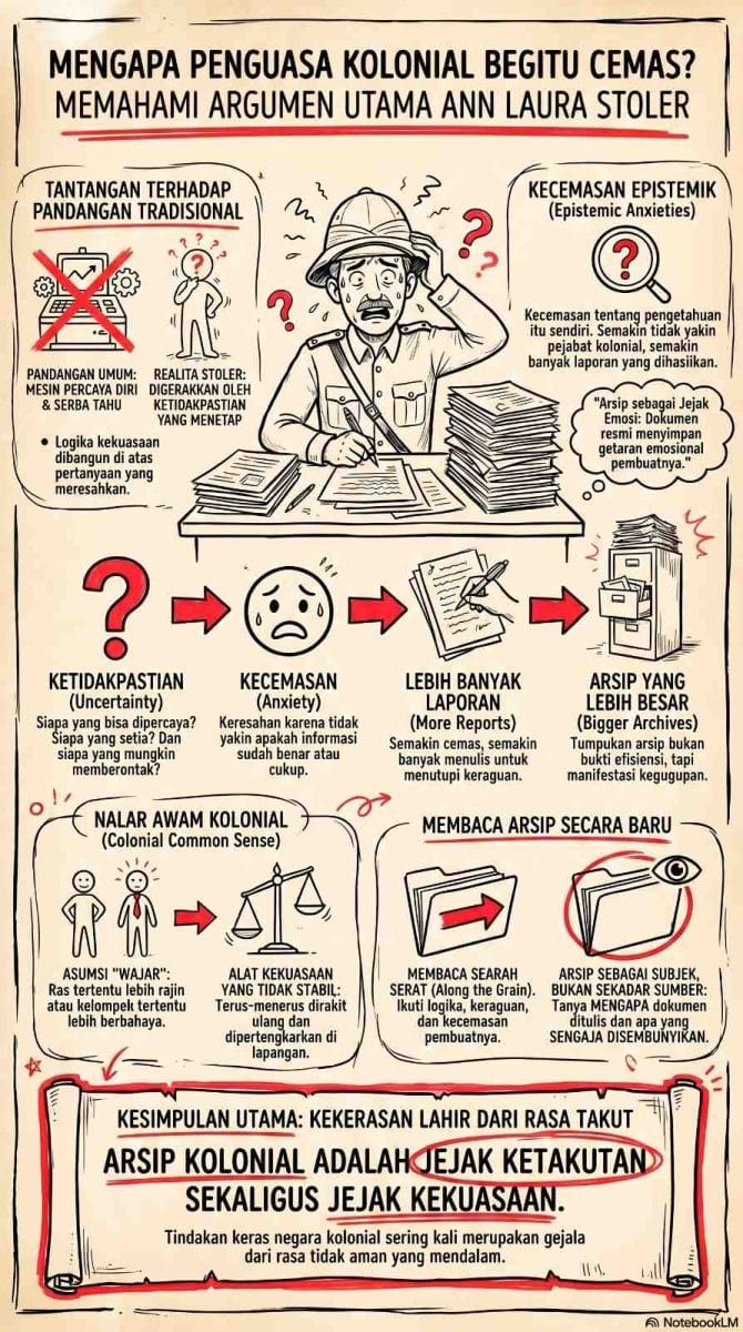 Infografis dari ardiholmes.id yang menjelaskan argumen utama Ann Laura Stoler tentang kecemasan penguasa kolonial Hindia Belanda. Visual menampilkan ilustrasi pejabat kolonial yang bingung di meja kerjanya yang penuh tumpukan berkas laporan. Infografis ini merinci bagan kecemasan epistemik (epistemic anxieties), nalar awam kolonial (colonial common sense), alur ketidakpastian yang menghasilkan arsip besar, serta metode membaca arsip secara baru (along the grain). Di bagian bawah, terdapat kesimpulan utama bertuliskan 'Arsip kolonial adalah jejak ketakutan sekaligus jejak kekuasaan' dengan logo ardiholmes.id sebagai kurator konten.