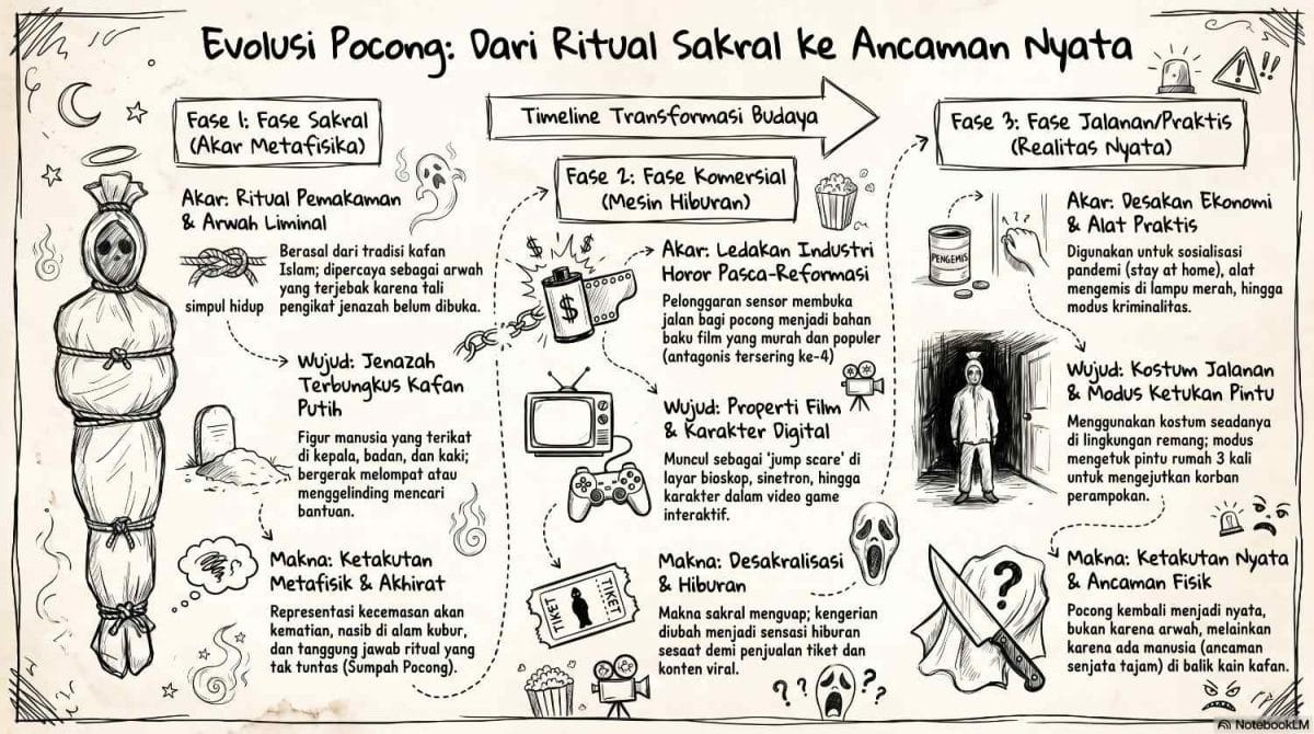 Infografis garis waktu transformasi budaya hantu pocong oleh ardiholmes.id yang memetakan 3 fase perubahan: Fase 1 Sakral dengan akar ritual pemakaman liminal, Fase 2 Komersial sebagai mesin hiburan film horor pasca-reformasi, dan Fase 3 Praktis akibat desakan ekonomi berupa kostum jalanan dan modus ketukan pintu.