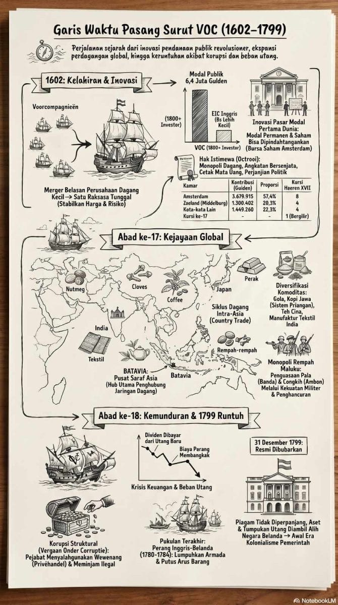 Infografis linimasa vertikal bertajuk "Garis Waktu Pasang Surut VOC (1602–1799)" di atas kertas gading yang merinci riwayat kompeni dalam tiga babak. Bagian atas (1602) memuat ilustrasi merger perusahaan, grafik modal awal, dan bursa saham Amsterdam. Bagian tengah (Abad ke-17) menampilkan peta rute perdagangan intra-Asia, hub Batavia, dan ikon monopoli rempah Maluku. Bagian bawah (Abad ke-18) memuat grafik krisis keuangan, ilustrasi korupsi struktural pejabat, dampak Perang Inggris-Belanda, serta gedung pembubaran VOC per 31 Desember 1799. Hak cipta milik website ardiholmes.id.