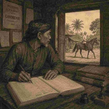 Lukisan ilustrasi seorang kepala desa atau juru tulis Jawa berpakaian tradisional sedang menulis di buku besar bertuliskan "DESSA REGISTER" di meja kerja kayu, sambil melirik ke arah jendela luar di mana seorang opsir kolonial Belanda bertopi besi sedang menunggangi kuda. Di dinding ruangan tertempel maklumat bertuliskan "LANDRENTE 1862". (ardiholmes.id)
