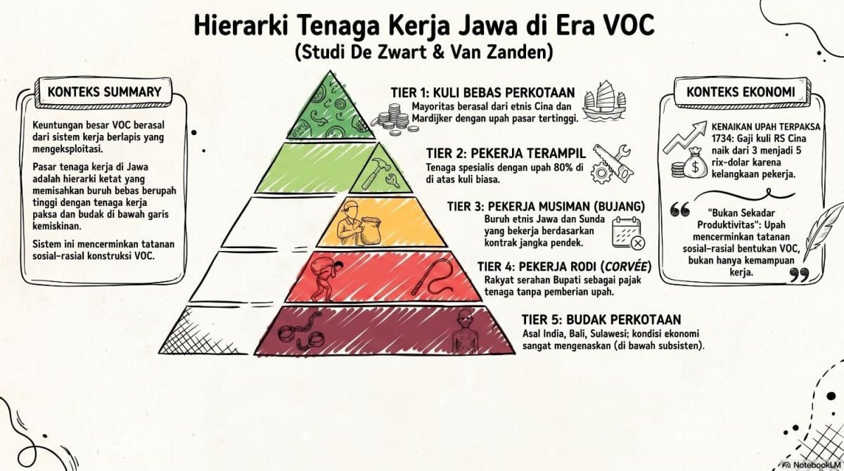 Infografis bentuk piramida dari ardiholmes.id berjudul 'Hierarki Tenaga Kerja Jawa di Era VOC (Studi De Zwart & Van Zanden)'. Menampilkan 5 tingkatan kelas perburuhan era kolonial, dari Tier 1 Kuli Bebas Perkotaan (etnis Cina & Mardijker) dengan upah tertinggi, hingga Tier 5 Budak Perkotaan dengan kondisi paling mengenaskan di bawah batas subsisten.