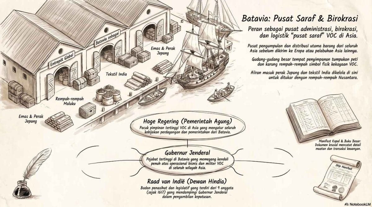 Infografis bergaya sketsa tangan monokrom di atas kertas gading bertajuk "Batavia: Pusat Saraf & Birokrasi" yang merinci peran strategis kota ini bagi VOC di Asia. Sisi kiri menampilkan ilustrasi gudang besar atau Entrepôt Global dengan tumpukan peti berisi rempah-rempah Maluku, tekstil India, serta batangan emas dan perak Jepang yang siap didistribusikan melalui kapal-kapal di dermaga. Sisi kanan atas memuat teks penjelasan mengenai peran Batavia sebagai pusat pengumpulan barang sebelum dikirim ke Eropa. Bagian bawah memuat bagan hierarki pemerintahan Hoge Regering atau Pemerintah Agung yang terdiri dari jabatan Gubernur Jenderal sebagai pimpinan operasional bisnis dan militer, didampingi oleh Raad van Indië atau Dewan Hindia yang terdiri dari 9 anggota penasihat legislatif. Terdapat pula ilustrasi buku besar manifest kapal serta dokumen tertulis yang menjelaskan fungsi pencatatan muatan. Dokumentasi visual arsip sejarah milik ardiholmes.id.