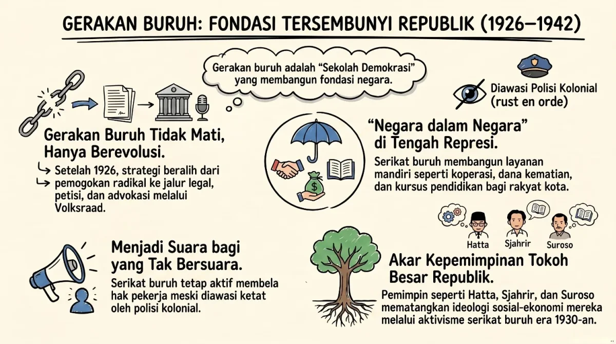 Thumbnail ulasan buku Workers, Unions and Politics: Indonesia in the 1920s and 1930s karya John Ingleson dengan latar demonstrasi buruh era kolonial dan spanduk serikat buruh. Sampul buku berwarna hijau ditampilkan di sisi kanan, sementara sisi kiri memuat judul ulasan tentang gerakan buruh Indonesia 1926–1942 serta tagline mengenai sejarah yang terlupakan namun tetap berlanjut hingga masa kemerdekaan (ardiholmes.id). 