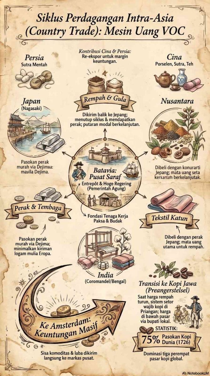 Infografis sketsa tangan pada kertas bertitik (dotted paper) yang menjelaskan mekanisme Sistem Priangan atau Preangerstelsel sebagai mesin ekonomi kopi VOC. Diagram ini terdiri dari tiga langkah utama: Langkah 1 menunjukkan kewajiban setor kopi oleh bupati Sunda; Langkah 2 menggunakan ilustrasi timbangan untuk membandingkan harga beli VOC yang rendah dengan harga pasar demi margin keuntungan; dan Langkah 3 menggambarkan eksploitasi kerja wajib rakyat di perkebunan perbukitan. Di bagian atas terdapat grafik kenaikan tajam lonjakan ekspor kopi dari tahun 1711 hingga 1740 yang mencapai 75% dominasi pasar dunia pada 1726. Infografis ini merangkum strategi eksploitasi tanpa kepemilikan lahan milik ardiholmes.id.