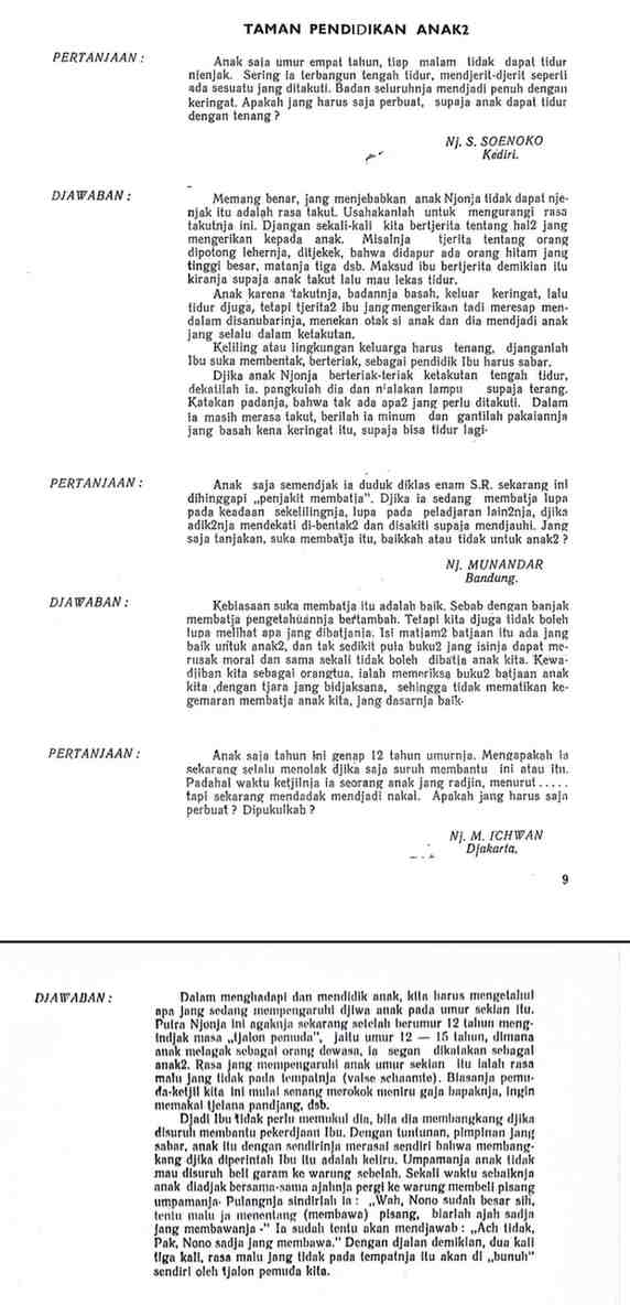 Dokumen arsip rubrik "TAMAN PENDIDIKAN ANAK2" halaman 9 dari majalah Api Kartini tahun 1959. Kolom ini memuat surat pembaca interaktif dari Nj. S. Soenoko (Kediri), Nj. Munandar (Bandung), dan Nj. M. Ichwan (Djakarta) mengenai masalah psikologi anak, serta jawaban redaksi yang melarang keras penggunaan hukuman fisik atau memukul (ardiholmes.id).