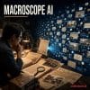 Ilustrasi seorang sejarawan menganalisis arsip sejarah yang terhubung dengan jaringan data digital skala besar menggunakan konsep Macroscope AI dalam penelitian sejarah, ardiholmes.id