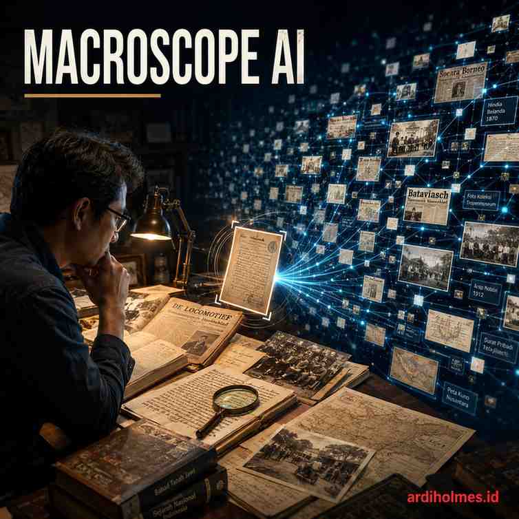 Ilustrasi seorang sejarawan menganalisis arsip sejarah yang terhubung dengan jaringan data digital skala besar menggunakan konsep Macroscope AI dalam penelitian sejarah, ardiholmes.id