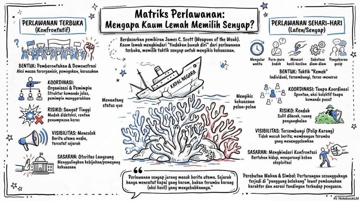 Infografis matriks komparasi perlawanan terbuka konfrontatif versus perlawanan sehari-hari senyap berdasarkan teori Weapons of the Weak oleh ardiholmes.id, menampilkan perbandingan aspek bentuk taktik remeh, koordinasi individual, risiko rendah, visibilitas tersembunyi bagai polip karang, dan sasaran menghindari konfrontasi untuk mengikis kekuasaan kapal negara.