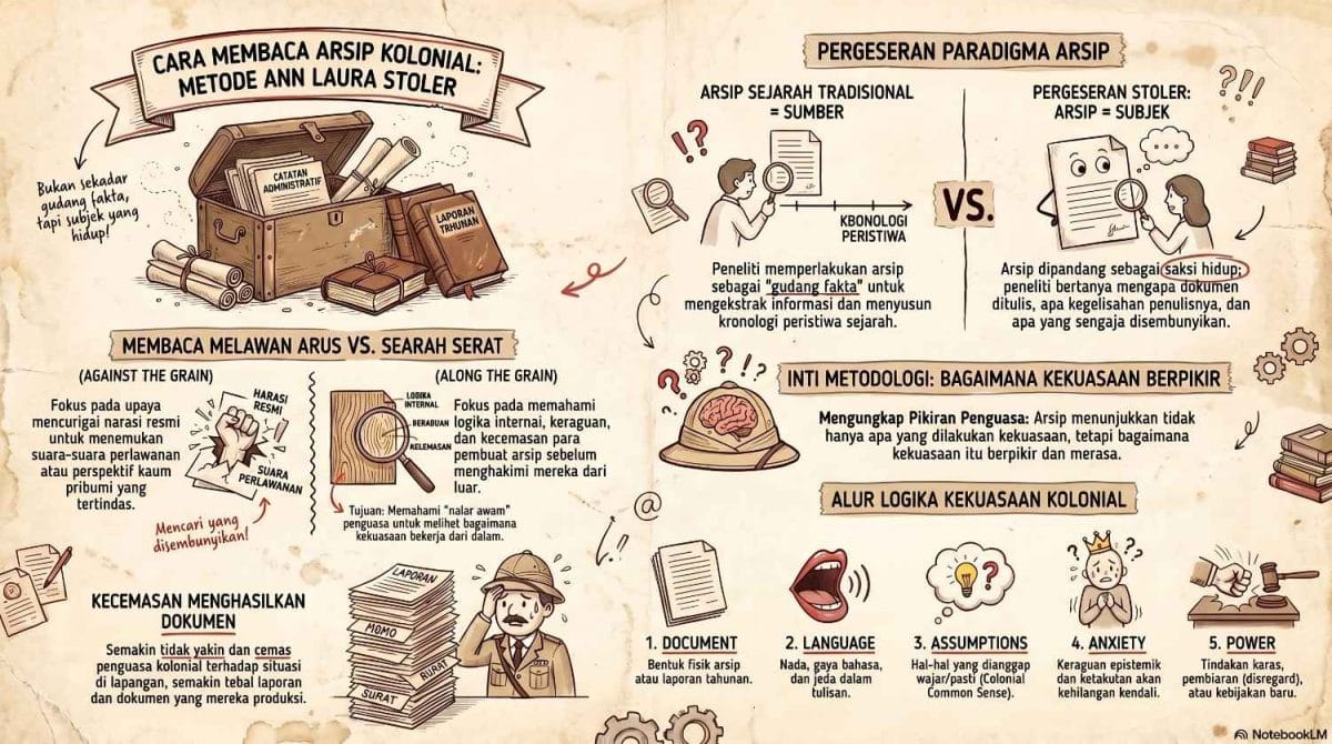 Infografis metodologi sejarah dari ardiholmes.id tentang cara membaca arsip kolonial metode Ann Laura Stoler. Visual menampilkan komparasi paradigma tradisional (Arsip = Gudang Fakta) dengan pergeseran Stoler (Arsip = Saksi Hidup/Subjek). Bagian bawah merinci 5 alur logika kekuasaan kolonial dari fisik dokumen hingga tindakan keras yang dikurasi oleh ardiholmes.id.