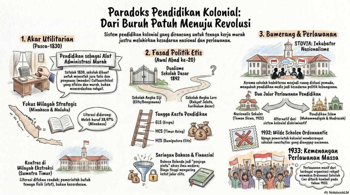 Infografis paradoks pendidikan kolonial Hindia Belanda merangkum akar utilitarian pasca-1830, dualisme sekolah dasar 1892 Angka Siji dan Angka Loro, hingga lahirnya perlawanan nasionalisme untuk ardiholmes.id.