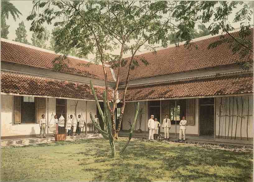 Halaman dalam gedung Proefstation Oost-Java menampilkan staf peneliti Belanda dan pekerja pribumi yang membawa sungkup pelindung bunga tebu untuk riset persilangan.