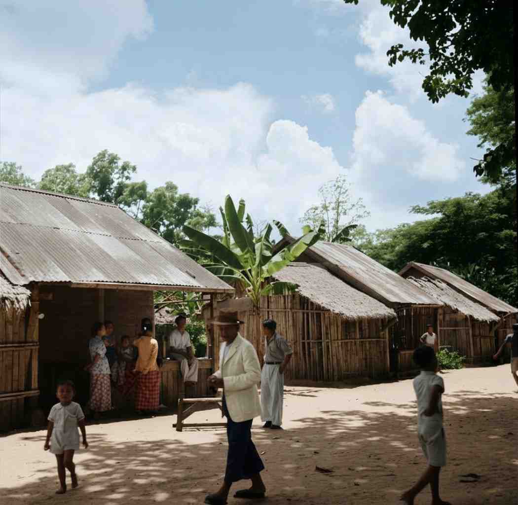 Foto sejarah yang telah diwarnai memperlihatkan suasana sebuah perkampungan tradisional di Jawa dengan deretan rumah beratap rumbia dan seng, tampak beberapa penduduk desa, anak-anak, serta seorang pria berpakaian rapi dengan jas dan topi berjalan di pekarangan tanah. (ardiholmes.id)