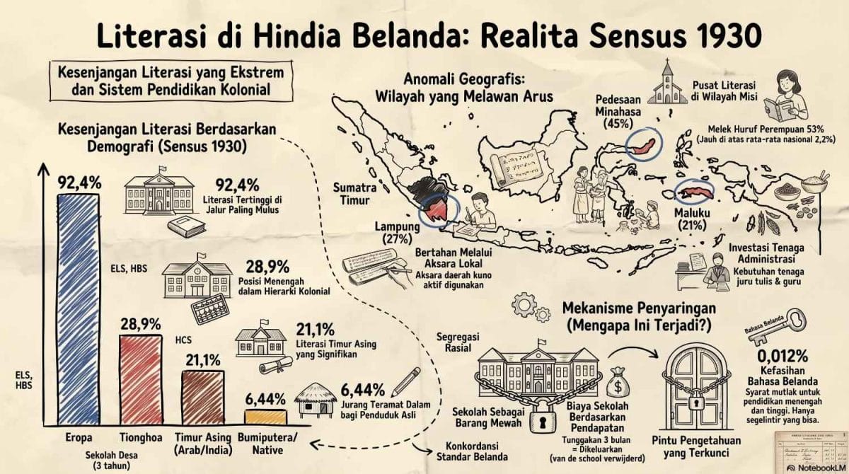Infografis peta data literasi Hindia Belanda berdasarkan Sensus 1930 menampilkan grafik ketimpangan tiga jalur dan geografi ketimpangan melek huruf di Minahasa, Lampung, dan Maluku untuk ardiholmes.id.