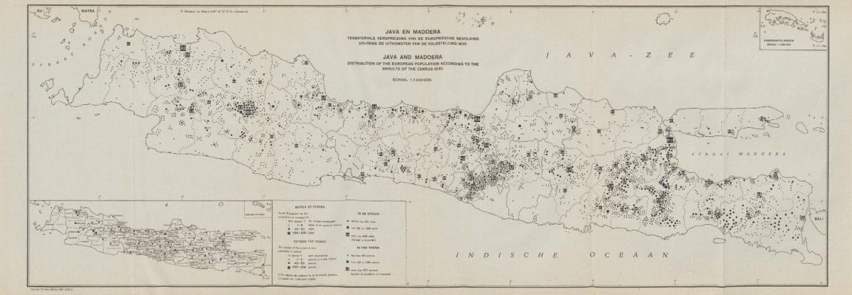 Peta birokrasi Sensus 1930 untuk wilayah Jawa dan Madura yang dipenuhi titik-titik hitam penanda kerapatan distribusi populasi warga golongan Eropa.
