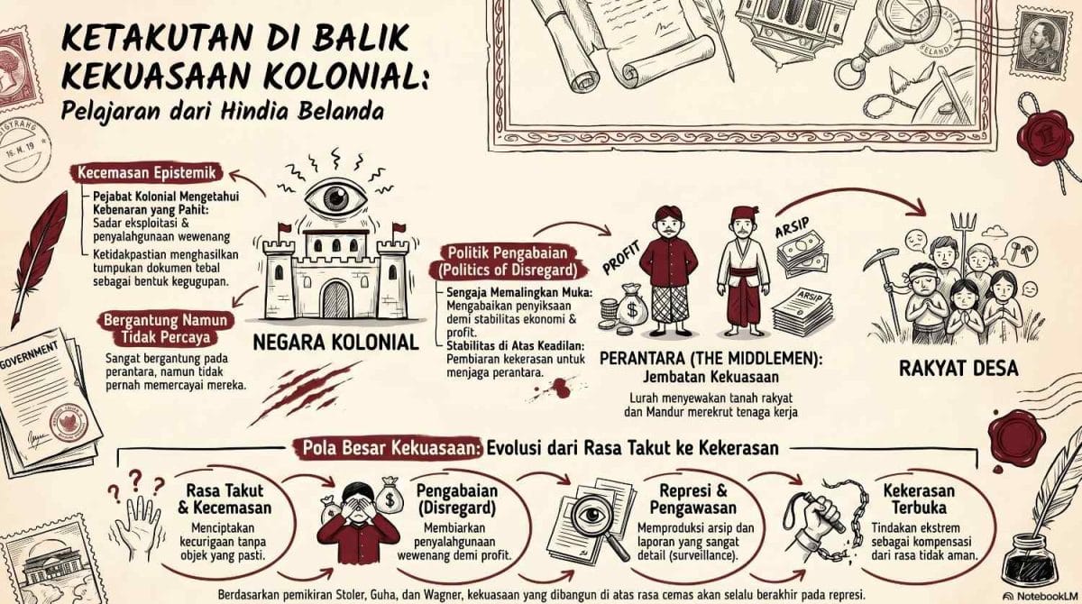 Infografis sejarah kritis dari ardiholmes.id bertajuk 'Ketakutan di Balik Kekuasaan Kolonial: Pelajaran dari Hindia Belanda'. Gambar menunjukkan skema hubungan asimetris antara Negara Kolonial yang dilambangkan dengan benteng bermata satu (surveillance), Perantara atau The Middlemen (ilustrasi Lurah berbaju tradisional Jawa membawa kantong profit dan Mandur memegang berkas), serta Rakyat Desa yang tertindas. Di bagian bawah terdapat diagram linier 'Pola Besar Kekuasaan: Evolusi dari Rasa Takut ke Kekerasan' yang dikembangkan oleh ardiholmes.id berdasarkan pemikiran Stoler, Guha, dan Wagner.