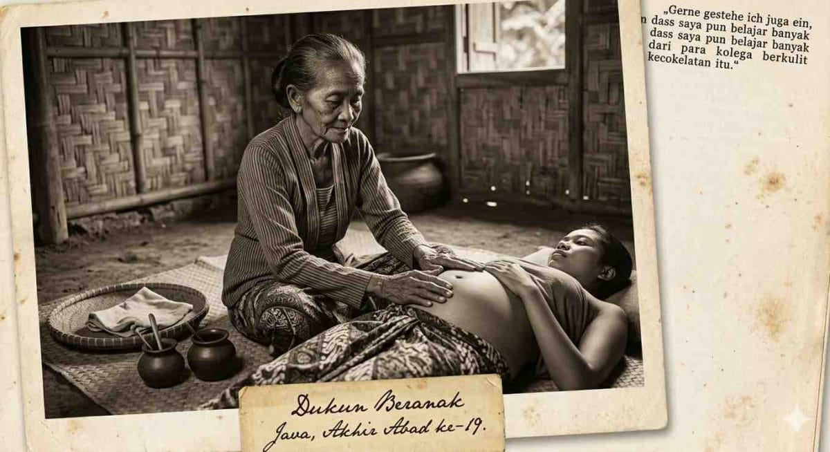 Foto estetika lama berwarna sepia dengan bingkai kertas usang yang memperlihatkan seorang dukun beranak perempuan lansia Jawa bersanggul dan mengenakan kebaya lurik, sedang meraba lembut perut buncit seorang ibu hamil yang berbaring di atas tikar anyaman dengan balutan kain kemben batik. Berlatar interior rumah tradisional berdinding anyaman bambu (gedek) dengan perlengkapan kendi gerabah. Di bagian bawah terdapat label tulisan tangan berbunyi "Dukun Beranak Java, Akhir Abad ke-19" dan potongan kertas kutipan pengakuan Dr. Stratz di sudut kanan atas (ardiholmes.id)