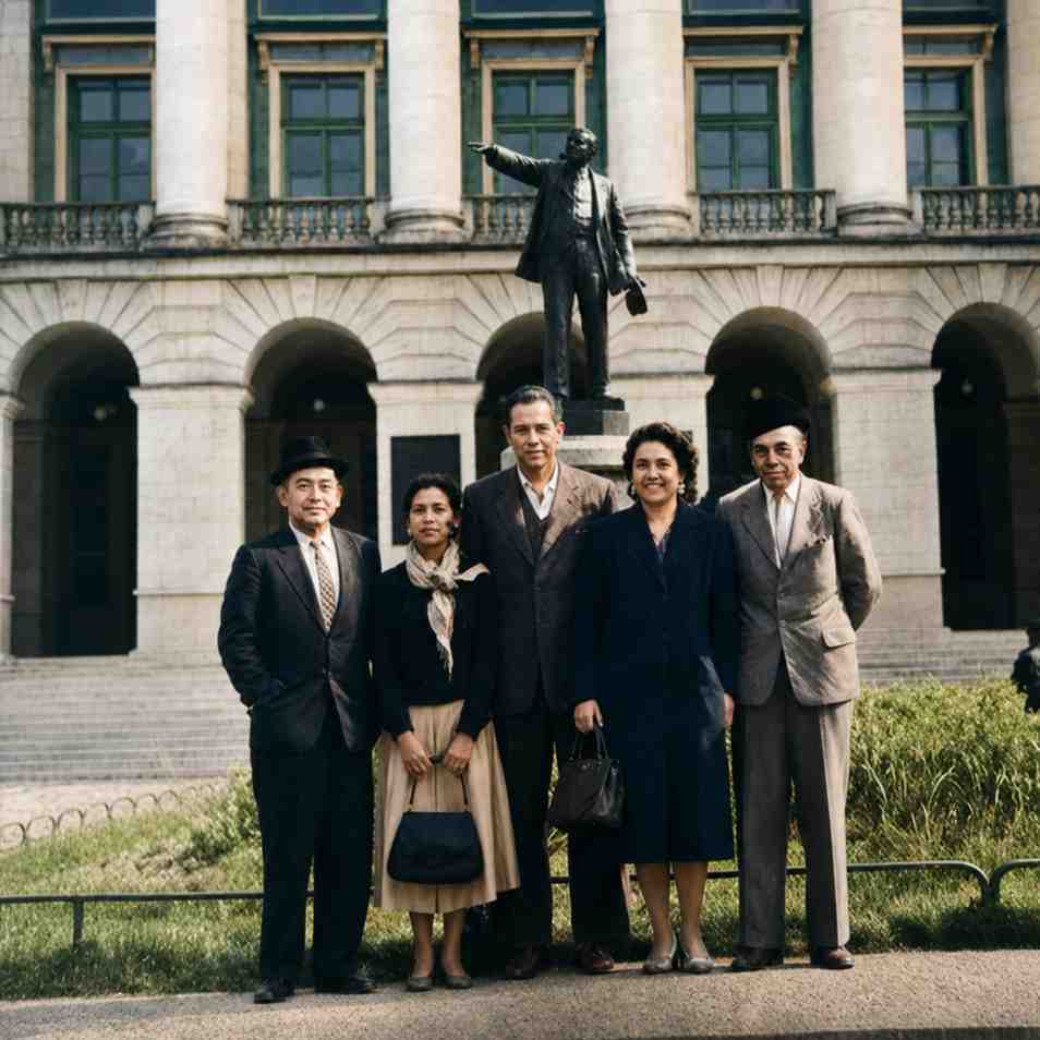 Foto bersama delegasi misi kebudayaan Indonesia, termasuk Reni Putiray Kaya (kedua dari kanan), saat melawat ke Moskow, Uni Soviet. Anggota delegasi tampil formal dengan setelan jas, peci, mantel hangat, dan syal, berpose di depan gedung megah berarsitektur klasisisme Soviet dengan latar belakang patung perunggu tokoh sejarah di atas pedestal. (ardiholmes.id)