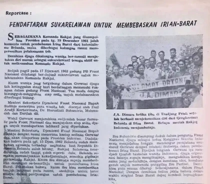 Potongan halaman majalah memuat artikel pendaftaran sukarelawan Irian Barat dan foto penyambutan J.A. Dimara oleh rakyat dengan spanduk di Tanjung Priok (ardiholmes.id).