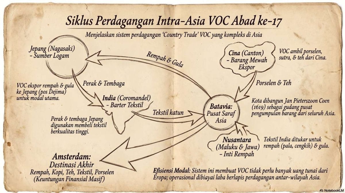 Infografis peta rute logistik ekonomi bertajuk "Siklus Perdagangan Intra-Asia VOC Abad ke-17" dengan latar belakang bertekstur kertas perkamen cokelat kuno bergaya vintage buatan NotebookLM. Peta konsep ini menjelaskan sistem kompleks perdagangan lintas pelabuhan atau country trade VOC di benua Asia tanpa bergantung pada uang tunai dari Eropa. Terdapat enam titik simpul utama yang digambar manual dengan pena hitam: simpul Jepang (Nagasaki) sebagai sumber logam; India (Coromandel) untuk barter tekstil; Batavia sebagai pusat saraf Asia; Nusantara (Maluku dan Jawa) sebagai inti rempah; Cina (Canton) sebagai pengekspor barang mewah; dan Amsterdam sebagai destinasi akhir pengapalan komoditas. Alur panah menunjukkan VOC mengekspor rempah dan gula ke pos Dejima Jepang untuk mendapatkan modal utama berupa perak dan tembaga, logam tersebut kemudian dikirim ke India untuk membeli tekstil katun berkualitas tinggi. Tekstil India lalu ditukar di Nusantara untuk mendapatkan rempah utama seperti pala dan cengkih serta gula. Di sisi lain, VOC mengambil porselen, sutra, dan teh dari Cina untuk dikumpulkan di Batavia sebagai gudang pusat yang dibangun oleh Jan Pieterszoon Coen pada tahun 1619. Panah raksasa di bagian bawah menunjukkan pengiriman massal seluruh komoditas tersebut dari Batavia langsung menuju Amsterdam yang menghasilkan keuntungan finansial masif melalui efisiensi modal berlapis. Gambar dokumentasi arsip visual dari website ardiholmes.id.