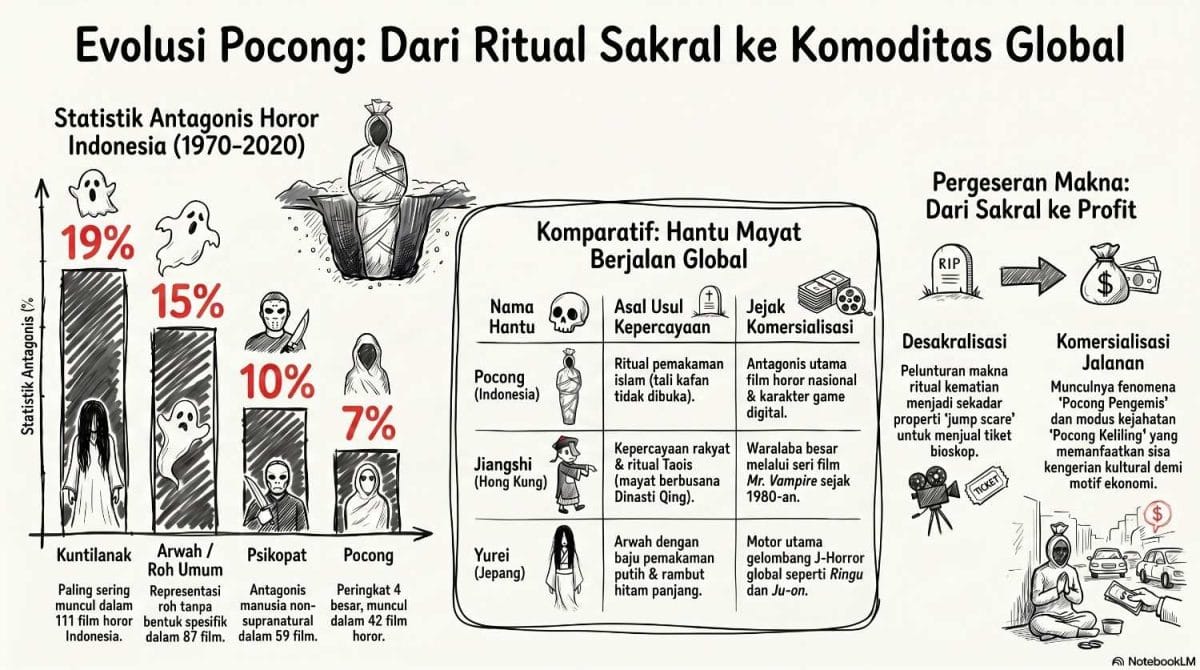Infografis ini menyajikan landasan data ilmiah dari artikel. Bagian kiri memvalidasi posisi pocong sebagai hantu terpopuler ke-4 di sinema Indonesia (7% atau 42 film), sementara bagian kanan membuktikan bahwa komersialisasi mayat berjalan adalah pola industri global yang setara dengan industri film di Hong Kong (Jiangshi) dan Jepang (Yurei).