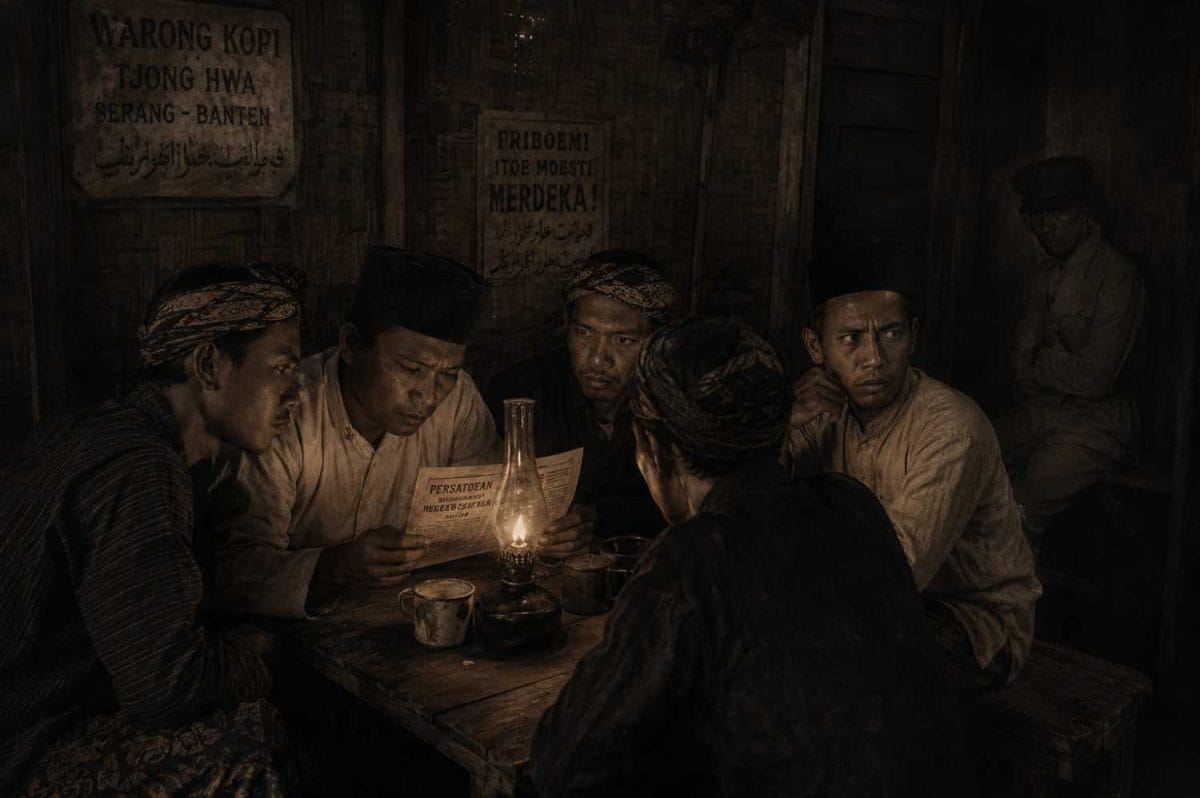 Sekelompok pria berkumpul rapat di dalam warung kopi remang-remang di Serang-Banten, diterangi lampu minyak, dengan suasana tegang dan penuh perhatian; ilustrasi bergaya arsip sejarah yang menggambarkan percakapan politik di ruang sehari-hari. (ardiholmes.id)