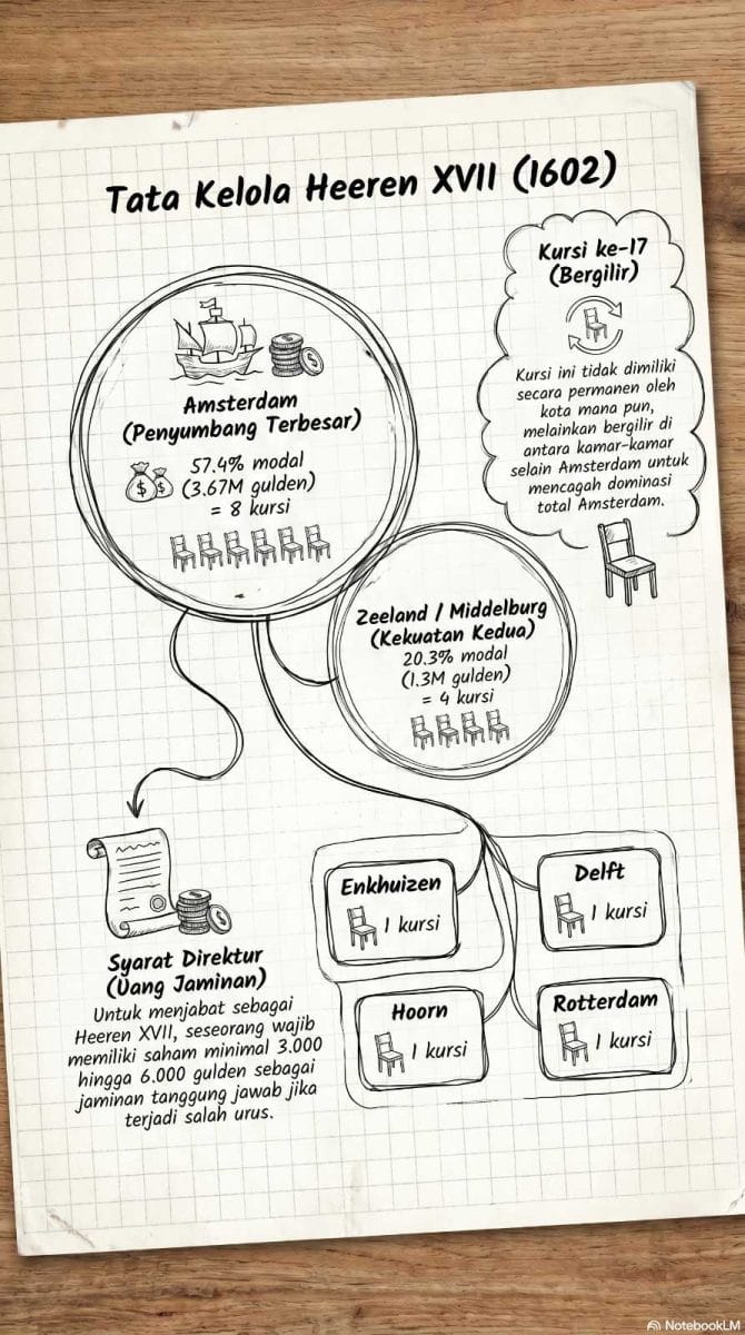 Infografis bergaya sketsa tangan di atas kertas putih kotak-kotak berlatar meja kayu yang memuat diagram organisasi dewan direksi VOC bertajuk "Tata Kelola Heeren XVII (1602)". Di dalam diagram, terdapat lingkaran besar untuk wilayah Amsterdam sebagai penyumbang terbesar dengan rincian 57,4% modal atau 3,67 juta gulden yang setara dengan 8 kursi dewan, digambarkan lewat 8 ikon kursi kecil. Di bawahnya terdapat lingkaran menengah untuk Zeeland atau Middelburg sebagai kekuatan kedua dengan 20,3% modal atau 1,3 juta gulden yang setara dengan 4 kursi dewan, lengkap dengan 4 ikon kursi kecil. Di sebelah kanan terdapat ikon awan bertuliskan Kursi ke-17 (Bergilir) yang menjelaskan mekanisme rotasi kursi antar-kamar dagang untuk mencegah dominasi total Amsterdam. Di bagian bawah, terdapat empat kotak kecil untuk wilayah Enkhuizen, Delft, Hoorn, dan Rotterdam yang masing-masing memegang 1 kursi dewan. Pada sudut kiri bawah, terdapat ilustrasi gulungan kertas hukum dan tumpukan koin yang merinci Syarat Direktur berupa Uang Jaminan saham minimal 3.000 hingga 6.000 gulden sebagai bentuk tanggung jawab jika terjadi salah urus. Publikasi visual ini adalah hak cipta dari ardiholmes.id.