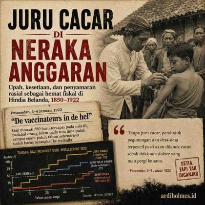 Ilustrasi thumbnail artikel sejarah menampilkan seorang juru cacar pribumi sedang memvaksinasi seorang anak di sebuah desa pada masa Hindia Belanda. Di sisi kiri terdapat judul besar “Juru Cacar di Neraka Anggaran” dengan nuansa tipografi bergaya koran kolonial, disertai potongan berita Pasoendan tahun 1922 dan ilustrasi grafik tangga gaji yang menunjukkan lambatnya kenaikan upah juru cacar. Dominasi warna sepia dan merah tua memperkuat kesan arsip sejarah (ardiholmes.id).