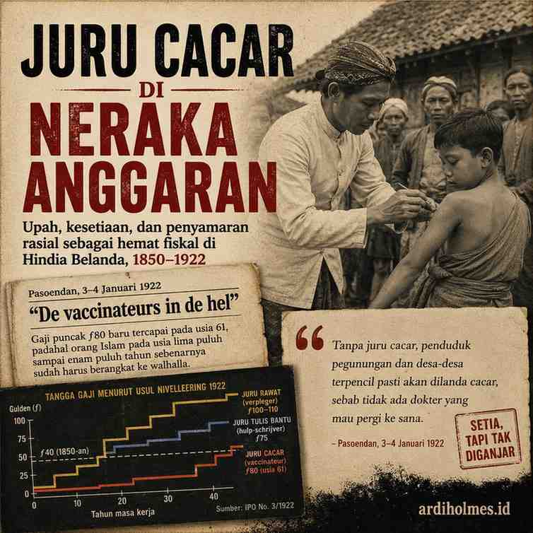 Ilustrasi thumbnail artikel sejarah menampilkan seorang juru cacar pribumi sedang memvaksinasi seorang anak di sebuah desa pada masa Hindia Belanda. Di sisi kiri terdapat judul besar “Juru Cacar di Neraka Anggaran” dengan nuansa tipografi bergaya koran kolonial, disertai potongan berita Pasoendan tahun 1922 dan ilustrasi grafik tangga gaji yang menunjukkan lambatnya kenaikan upah juru cacar. Dominasi warna sepia dan merah tua memperkuat kesan arsip sejarah (ardiholmes.id).