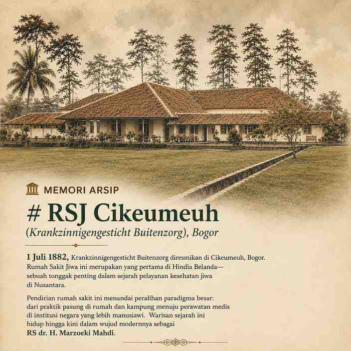 Ilustrasi bergaya sepia vintage yang menampilkan fasad depan bangunan utama RSJ Cikeumeuh Bogor pada masa kolonial Hindia Belanda, lengkap dengan halaman rumput luas, saluran air di bagian depan, dan deretan pohon pinus tinggi di latar belakang.