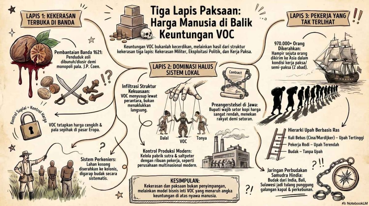 Infografis peta konsep dari ardiholmes.id berjudul 'Tiga Lapis Paksaan: Harga Manusia di Balik Keuntungan VOC'. Menampilkan visualisasi tiga pilar eksploitasi: Lapis 1 Kekerasan Terbuka di Banda dengan ilustrasi pala berdarah, Lapis 2 Dominasi Halus Sistem Lokal dengan ilustrasi tangan dalang mengendalikan perantara bupati, dan Lapis 3 Pekerja yang Tak Terlihat dengan ilustrasi kapal dan barisan budak.