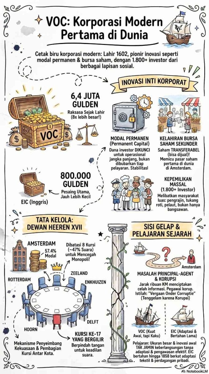 Infografis vertikal tentang sejarah VOC sebagai pionir korporasi modern, menampilkan perbandingan modal awal VOC sebesar 6,4 juta gulden dan EIC Inggris sebesar 800.000 gulden. Visual menjelaskan inovasi inti berupa modal permanen, bursa saham sekunder pertama di Amsterdam, keterlibatan 1.800 lebih investor dari kalangan rakyat biasa, tata kelola Dewan Heeren XVII dengan mekanisme penyeimbang kursi antar-kota, serta sisi gelap masalah principal-agent dan korupsi struktural (Vergaan Onder Corruptie) - ardiholmes.id