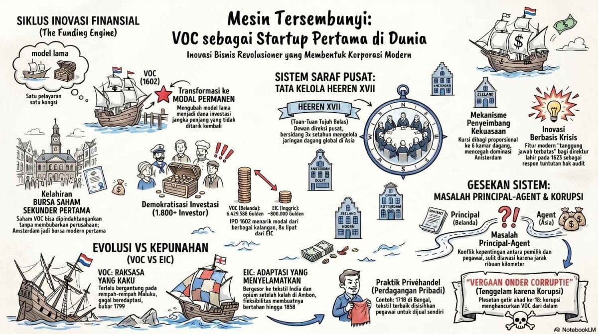 Infografis horizontal bertajuk Mesin Tersembunyi: VOC sebagai Startup Pertama di Dunia. Menggambarkan siklus inovasi finansial dari model lama satu pelayaran satu kongsi menjadi transformasi modal permanen jangka panjang. Ilustrasi menampilkan demokratisasi investasi 1.800 investor lebih, bagan sistem saraf pusat tata kelola Heeren XVII berbasis kompas pembagian 6 kamar dagang untuk mencegah dominasi Amsterdam, inovasi tanggung jawab terbatas tahun 1623, gesekan sistem akibat jarak ribuan kilometer yang memicu masalah principal-agent serta praktik Privéhandel (perdagangan pribadi) pegawai di Bengal, dan evolusi perbandingan dengan kapal EIC Inggris yang lebih adaptif bertahan hingga 1858 - ardiholmes.id