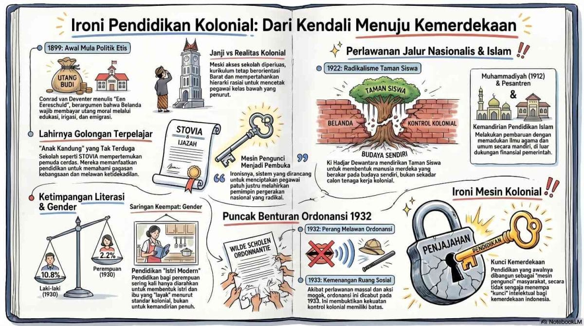 Visualisasi lini masa berbentuk buku terbuka dari ardiholmes.id menggambarkan ironi sistem pendidikan kolonial Hindia Belanda sejak Politik Etis 1899 hingga lahirnya priayi terpelajar STOVIA yang menempa kunci kemerdekaan untuk membongkar gembok penjajahan pada 1933.