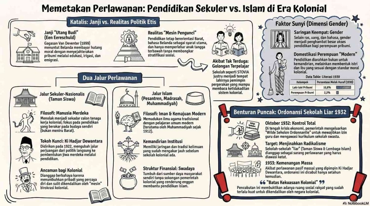 Infografis dari ardiholmes.id yang memetakan perbandingan komparatif perlawanan pendidikan kolonial antara jalur sekuler-nasionalis Taman Siswa dan jalur Islam swadaya, lengkap dengan data ketimpangan literasi gender Sensus 1930 serta kronologi pembatalan Ordonansi Sekolah Liar 1932.