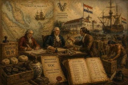 Ilustrasi digital bergaya lukisan minyak abad ke-18 menampilkan tiga pejabat VOC di meja kerja sedang melakukan transaksi uang gelap. Di latar belakang terdapat peta kuno bertuliskan "Strait of Malacca", logo resmi VOC, dan benteng kolonial dekat pelabuhan. Di atas meja kerja tampak tumpukan koin perak, kantong uang, dokumen "Monopoly Regulation VOC Private Trade Prohibited", peti-peti berisi candu bertuliskan "OPIUM", serta buku pencatatan kas terbuka berskala besar dengan total angka 140.000 Pond. (ardiholmes.id)