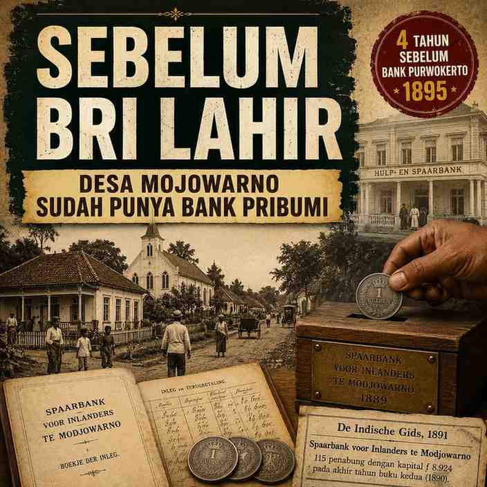 Ilustrasi Spaarbank voor Inlanders di Mojowarno, Jombang, yang menjadi bank tabungan pribumi sebelum berdirinya BRI, menampilkan suasana desa, buku tabungan, koin gulden, dan arsip sejarah perbankan kolonial Hindia Belanda (ardiholmes.id).