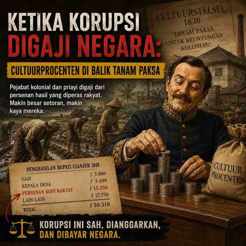 Ilustrasi pejabat kolonial Hindia Belanda menghitung tumpukan uang hasil cultuurprocenten, sementara petani Jawa bekerja dalam sistem Tanam Paksa (Cultuurstelsel). Thumbnail ini menggambarkan praktik persenan resmi bagi pejabat kolonial yang memperoleh keuntungan dari hasil setoran tanaman rakyat, simbol korupsi legal pada masa kolonial Belanda di Indonesia (ardiholmes.id).