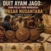 Ilustrasi Duit Ayam Jago, token dagang bergambar ayam sabung buatan Inggris yang beredar luas sebagai uang pasar di Nusantara pada abad ke-19, menampilkan pedagang tradisional, keping tembaga, pelabuhan Singapura, dan aktivitas perdagangan kolonial (ardiholmes.id).