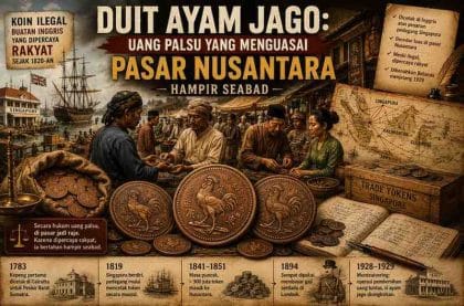 Ilustrasi Duit Ayam Jago, token dagang bergambar ayam sabung buatan Inggris yang beredar luas sebagai uang pasar di Nusantara pada abad ke-19, menampilkan pedagang tradisional, keping tembaga, pelabuhan Singapura, dan aktivitas perdagangan kolonial (ardiholmes.id).