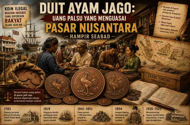 Ilustrasi Duit Ayam Jago, token dagang bergambar ayam sabung buatan Inggris yang beredar luas sebagai uang pasar di Nusantara pada abad ke-19, menampilkan pedagang tradisional, keping tembaga, pelabuhan Singapura, dan aktivitas perdagangan kolonial (ardiholmes.id).
